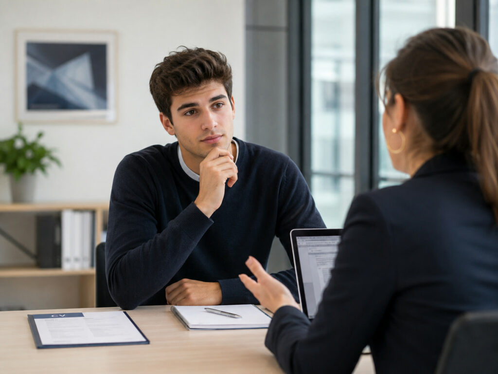 Entretien d'alternance : jeune candidat répondant aux questions pièges d'un recruteur