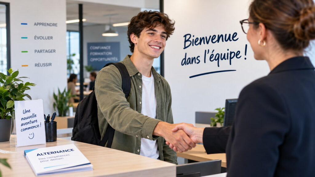 Jeune alternant souriant qui arrive dans son entreprise d'accueil le premier jour de son contrat d'apprentissage