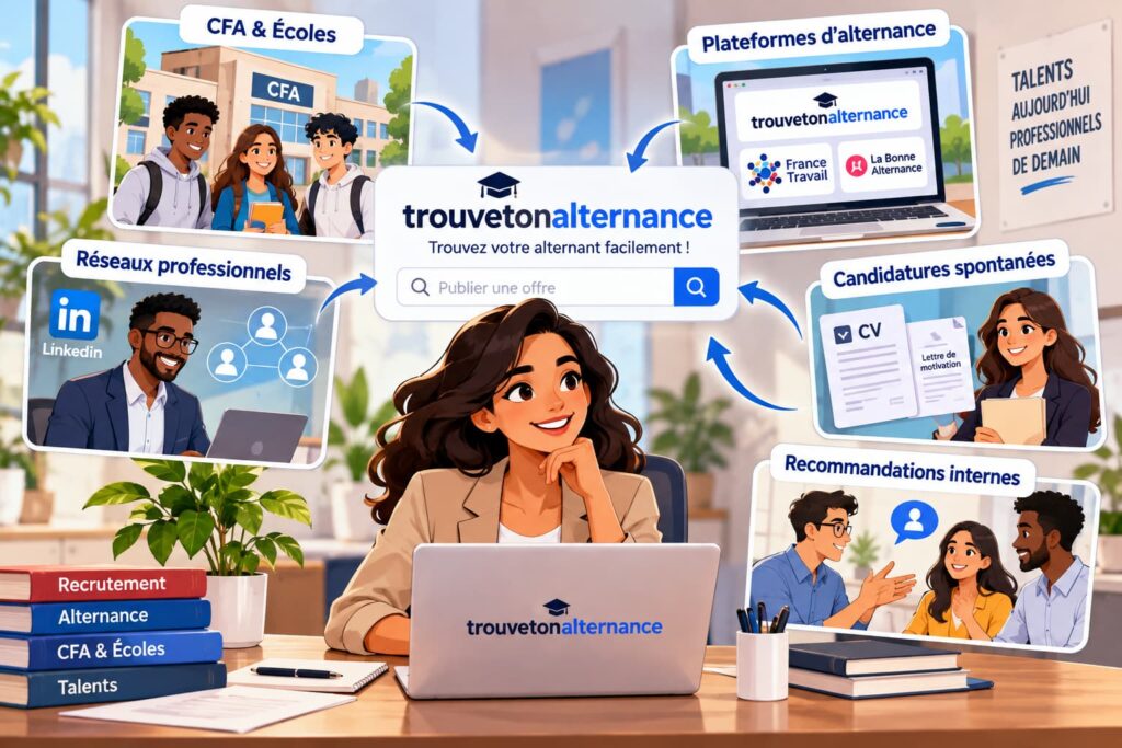 Recruteuse qui cherche de bons alternants grâce aux CFA, aux plateformes d’alternance, aux réseaux professionnels et aux candidatures.